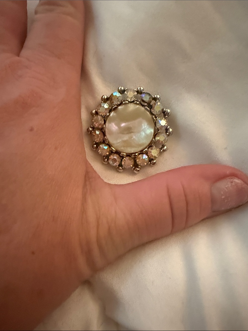 Pearlescent Crystal Halo Brooch in silver Tone